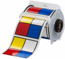 GlobalMark Series Indoor-Outdoor Vinyl Labels, 4" H x 4" W, Roll of 240 Labels, Blue/Red/Yellow on White