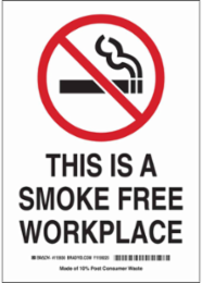 This Is A Smoke Free Workplace Sign, 14" H x 10" W x 0.055" D, Polypropylene