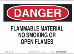 DANGER Flammable Material No Smoking Or Open Flames Sign, 10" H x 14" W x 0.055" D, Polypropylene