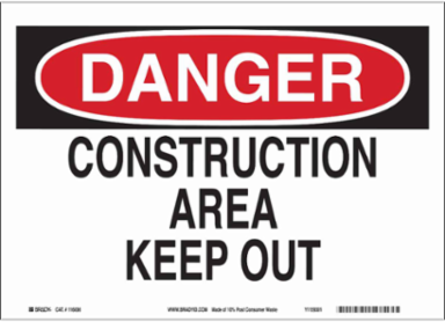 DANGER Construction Area Keep Out Sign, 10" H x 14" W x 0.055" D