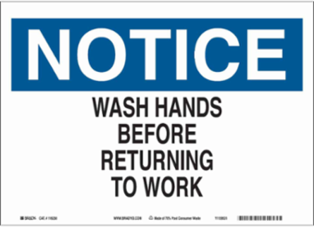 NOTICE Wash Hands Before Returning To Work Sign, 7" H x 10" W x 0.055" D, Polypropylene