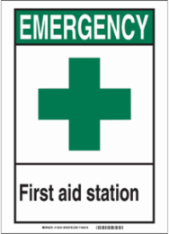 EMERGENCY First Aid Station Sign, 7" H x 5" W x 0.006" D, Polyester