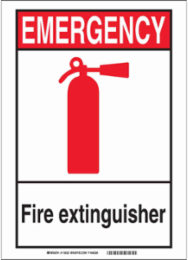 EMERGENCY Fire Extinguisher Sign, 14" H x 10" W x 0.006" D, Black/Red on White, Polyester