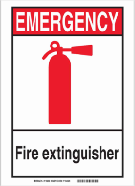EMERGENCY Fire Extinguisher Sign, 10" H x 7" W x 0.004" D, Black/Red/White, Vinyl