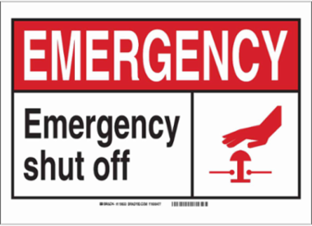 EMERGENCY w/Large Header Emergency Shut Off Sign, 5" H x 7" W x 0.006" D, Polyester
