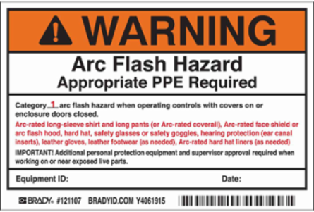 Arc Flash Labels - Class 1, 4 Inch H x 6 Inch W, Vinyl, Pack of 5, Black/Orange