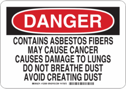DANGER Contains Asbestos Fibers Sign, 10" H x 14" W x 0.035" D, Aluminum