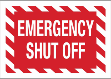 Emergency Shut Off Sign, 7" H x 10" W x 0.035" D, White on Red, Aluminum