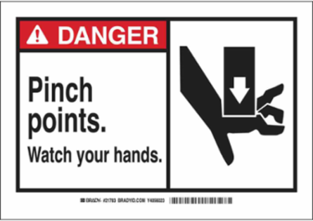 DANGER Pinch Points. Watch Your Hands. Sign, 10" H x 14" W x 0.1" D, Fiberglass