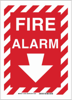 Fire Alarm Sign, 10" H x 7" W x 0.1" D, White on Red, Fiberglass