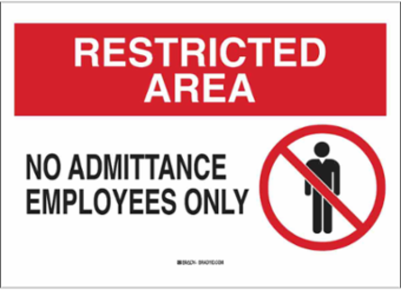 RESTRICTED AREA No Admittance Employees Only Sign, 7" H x 10" W x 0.1" D, Black/Red on White