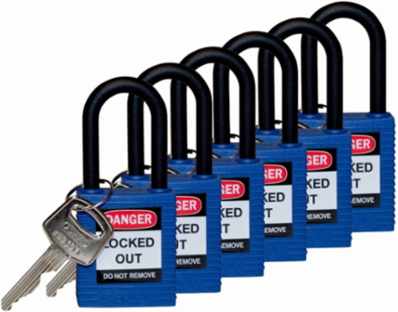 Nylon Shackle Padlock - 6-Pin Cylinder, 1.5 Inch Shackle Clearance, Keyed Alike