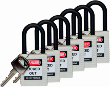 Nylon Shackle Padlock - 6-Pin Cylinder, 1.5 Inch Clearance, Keyed Alike