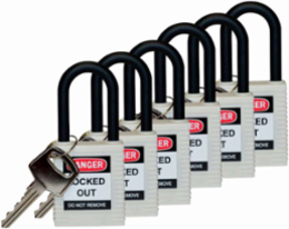 Nylon Shackle Padlock 6-Pin Cylinder, 1.5 Inch Clearance, Keyed Different, Non-Conductive