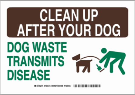CLEAN UP AFTER YOUR DOG Waste Transmits Disease Sign, 10" H x 14" W x 0.006" D, Polyester