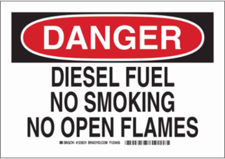 DANGER Diesel Fuel No Smoking No Open Flames Sign, 7" H x 10" W x 0.035" D, Aluminum