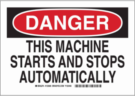 DANGER This Machine Starts And Stops Automatically Sign, 10" H x 14" W x 0.06" D, Polystyrene