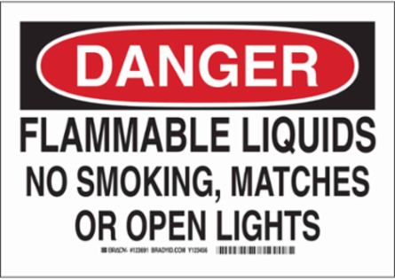 DANGER Flammable Liquids No Smoking, Matches Or Open Lights Sign, 10" H x 14" W x 0.06" D, Polystyrene