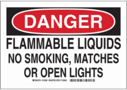 DANGER Flammable Liquids No Smoking, Matches Or Open Lights Sign, 10" H x 14" W x 0.006" D, Polyester