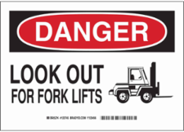 DANGER Look Out For Fork Lifts Sign, 7" H x 10" W x 0.035" D, Aluminum