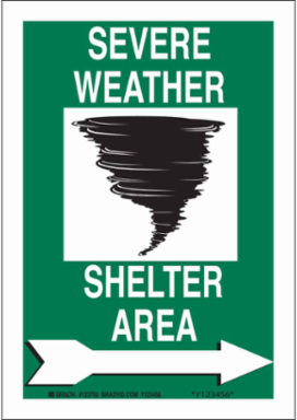 Severe Weather Shelter Area Sign, 14" H x 10" W x 0.006" D, Black/White on Green, Polyester