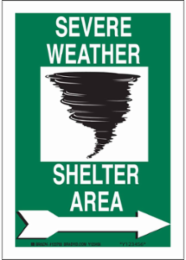 Severe Weather Shelter Area Sign, 14" H x 10" W x 0.006" D, Black/White on Green, Polyester