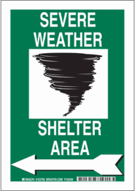 Severe Weather Sign, 10" H x 7" W x 0.006" D, Black/Green/White, Polyester
