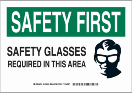 SAFETY FIRST Safety Glasses Required In This Area Sign, 10" H x 14" W x 0.035" D, Aluminum