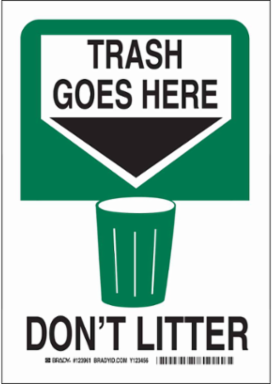 TRASH GOES HERE Don't Litter Sign, 14" H x 10" W x 0.035" D, Aluminum