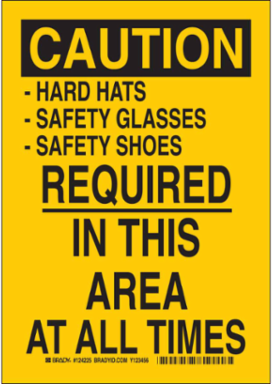 CAUTION Hard Hats Safety Glasses Safety Shoes Required Sign, 10 Inch H x 7 Inch W, Aluminum