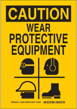 CAUTION Wear Protective Equipment Sign, 10" H x 7" W x 0.035" D, Aluminum