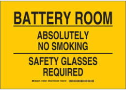 Battery Room No Smoking Sign, 10 Inch H x 14 Inch W, Polyester, Self-Adhesive