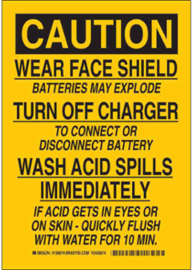 CAUTION Wear Face Shield Batteries May Explode Turn Off Charger To Connect Or Disconnect Battery Sign, 14" H x 10" W x 0.06" D, Polystyrene