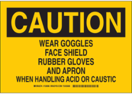 CAUTION Wear Goggles Face Shield Rubber Gloves And Apron When Handling Acid Or Caustic Sign, 7" H x 10" W x 0.035" D, Aluminum