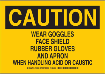 CAUTION Wear Goggles Face Shield Rubber Gloves And Apron When Handling Acid Or Caustic Sign, 10" H x 14" W x 0.06" D, Polystyrene