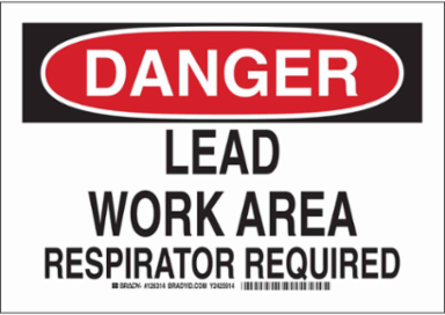 DANGER Lead Work Area Respirator Required Sign, 10" H x 14" W x 0.035" D, Aluminum