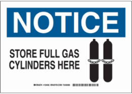 NOTICE Store Full Gas Cylinders Here Sign, 7" H x 10" W x 0.06" D, Polystyrene