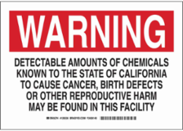 WARNING Detectable Amounts Of Chemicals Known To The State Of California To Cause Cancer Sign, 7" H x 10" W, Polystyrene, Black/Red on White