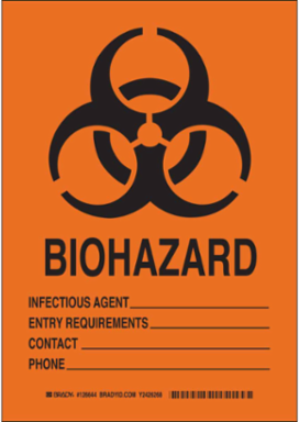 Biohazard Infectious Agent Sign, 10 Inch H x 7 Inch W, Polystyrene, Abrasion & Chemical Resistant