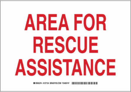 Area For Rescue Assistance Sign, 10 Inch H x 14 Inch W, Polyester, Red on White