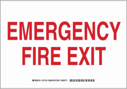 Emergency Fire Exit Sign, 7" H x 10" W x 0.06" D, Red on White, Polystyrene