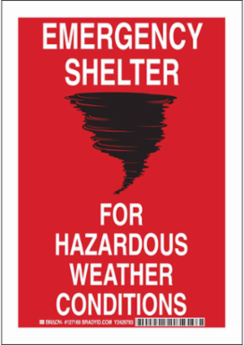 Emergency Shelter For Hazardous Weather Conditions Sign, 10" H x 7" W x 0.06" D, Black/Red on White, Polystyrene