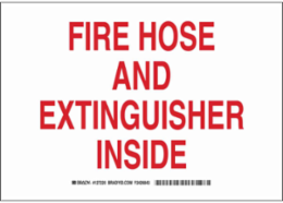 Fire Hose And Extinguisher Inside Sign, 7" H x 10" W x 0.035" D, Red on White, Aluminum