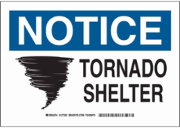 NOTICE Tornado Shelter Sign, 10" H x 14" W x 0.06" D, Black/Blue on White, Polystyrene