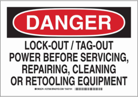 DANGER Lock-Out/Tag-Out Power Before Servicing, Repairing, Cleaning Or Retooling Equipment Sign, 7" H x 10" W x 0.06" D, Polystyrene