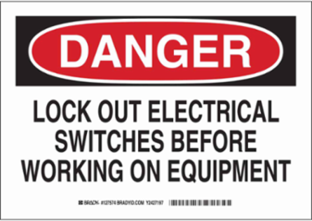DANGER Lock Out Electrical Switches Before Working On Equipment Sign, 10" H x 14" W x 0.006" D, Polyester