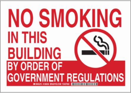 No Smoking In This Building By Order Of Government Regulations Sign, 10" H x 14" W x 0.035" D, Aluminum