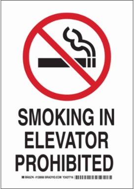 Smoking In Elevator Prohibited Sign, 10" H x 7" W x 0.035" D, Aluminum