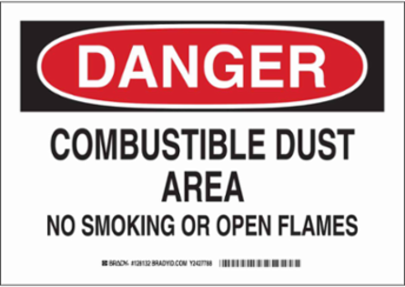 DANGER Combustible Dust Area No Smoking Or Open Flames Sign, 10" H x 14" W x 0.035" D, Aluminum
