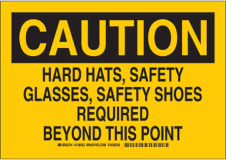 CAUTION Hard Hats, Safety Glasses, Safety Shoes Required Sign, 10 Inch x 14 Inch, Aluminum